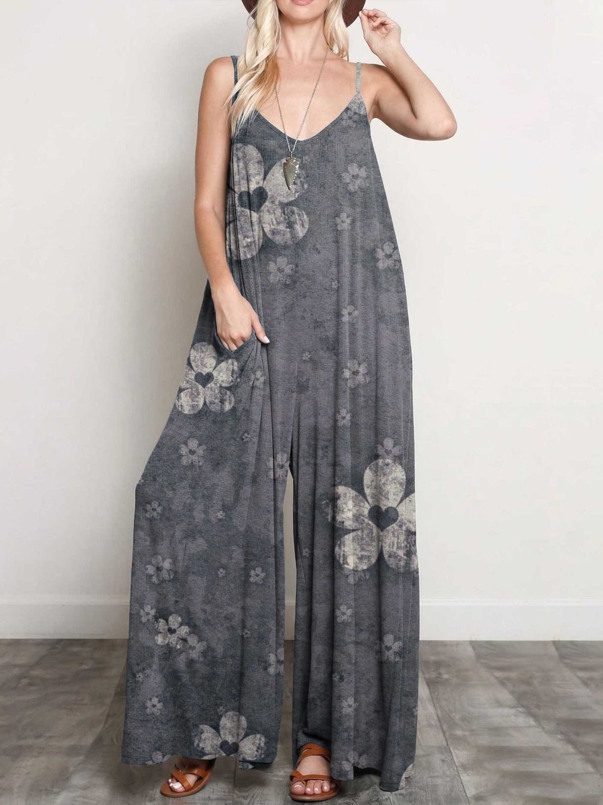 Vacation- Style Floral Print Casual One- Piece Pants