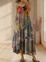 Vintage Floral Print Sleeveless Multi-layered Ruffled Strap Dress