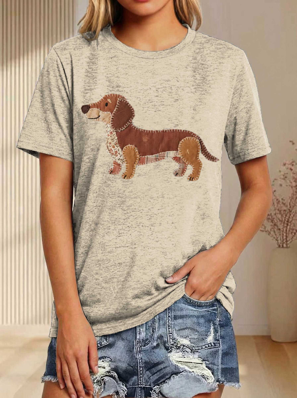 Faux Patchwork Dachshun Print T-shirt