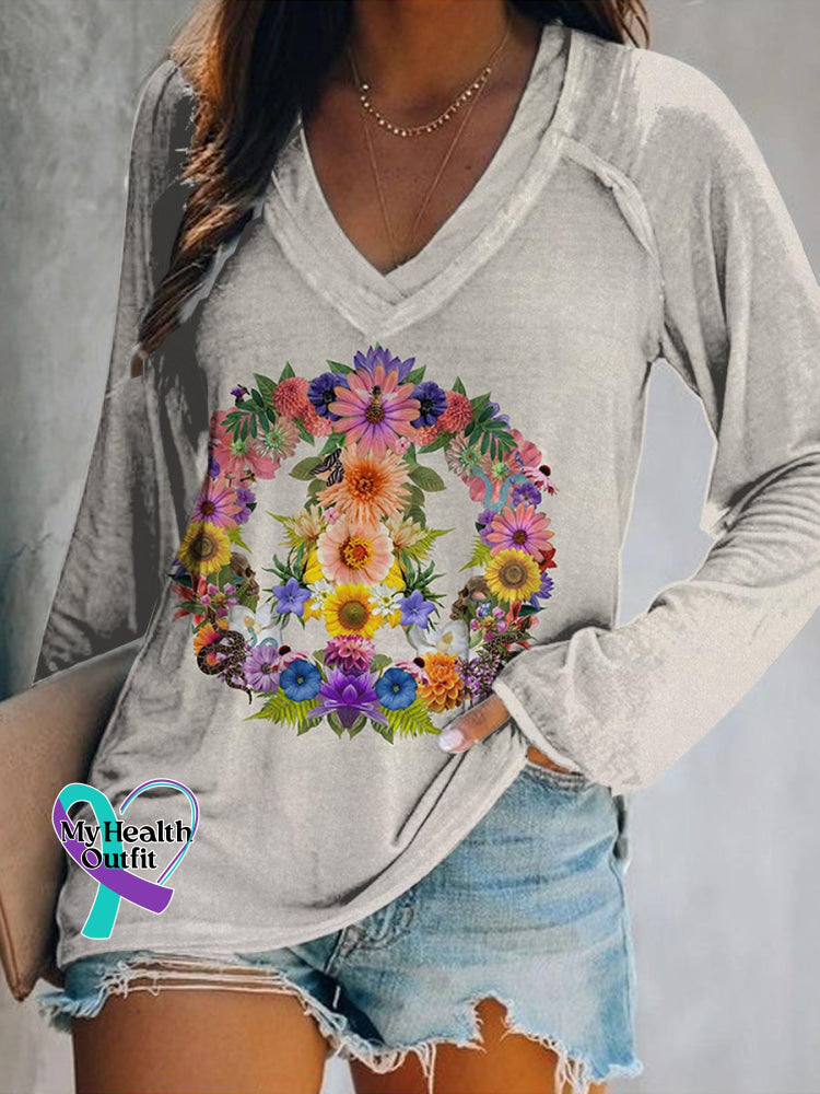 Peace And Love Art Print Casual V-neck Sweatshirt White / S