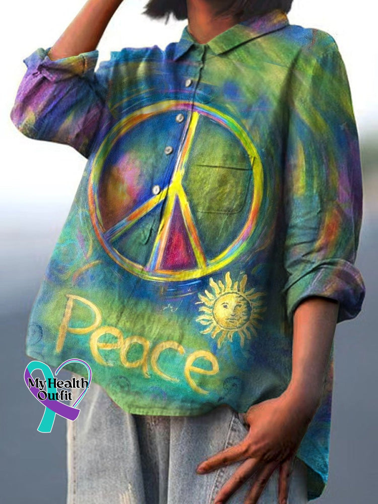 Peace And Love Vintage Art Print Casual Cotton Linen Shirt