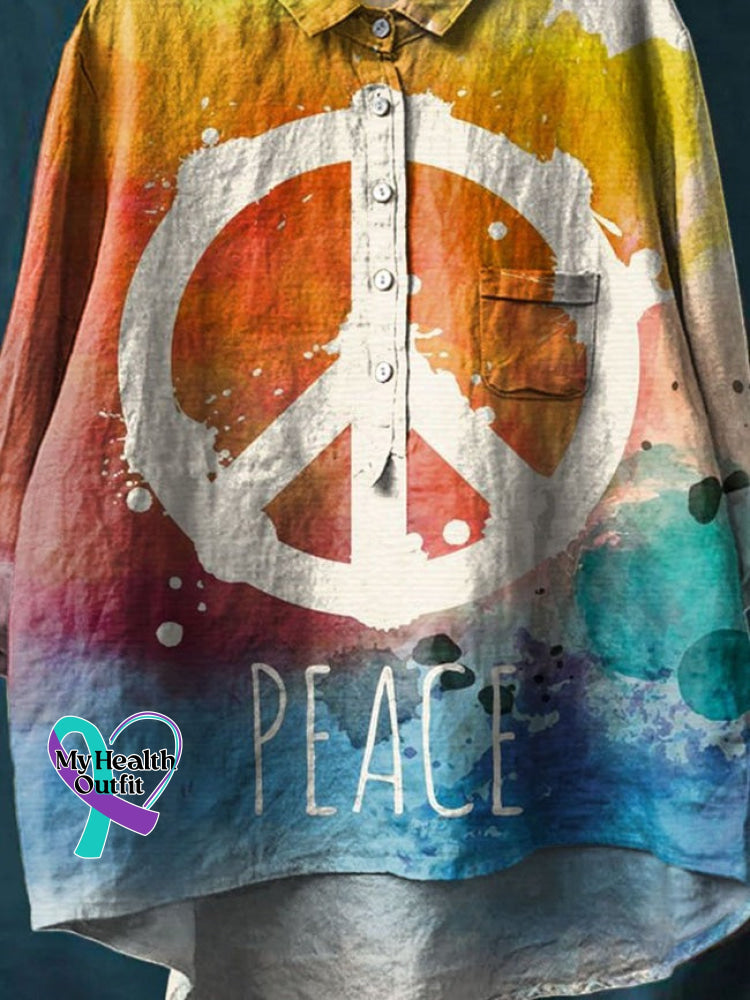 Peace And Love Vintage Art Print Casual Cotton Linen Shirt