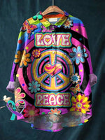 Peace And Love Vintage Art Print Casual Cotton Linen Shirt Flowers / S
