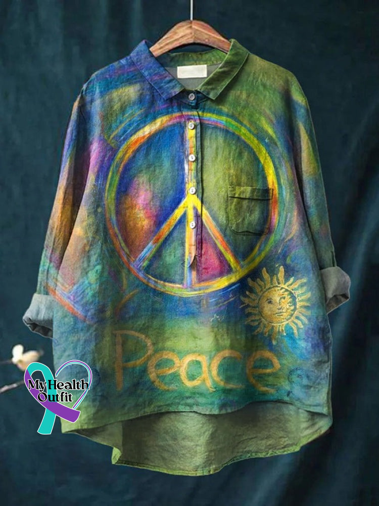 Peace And Love Vintage Art Print Casual Cotton Linen Shirt Green Anti-War / S