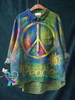Peace And Love Vintage Art Print Casual Cotton Linen Shirt Green Anti-War / S