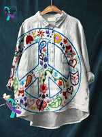 Peace And Love Vintage Art Print Casual Cotton Linen Shirt / S