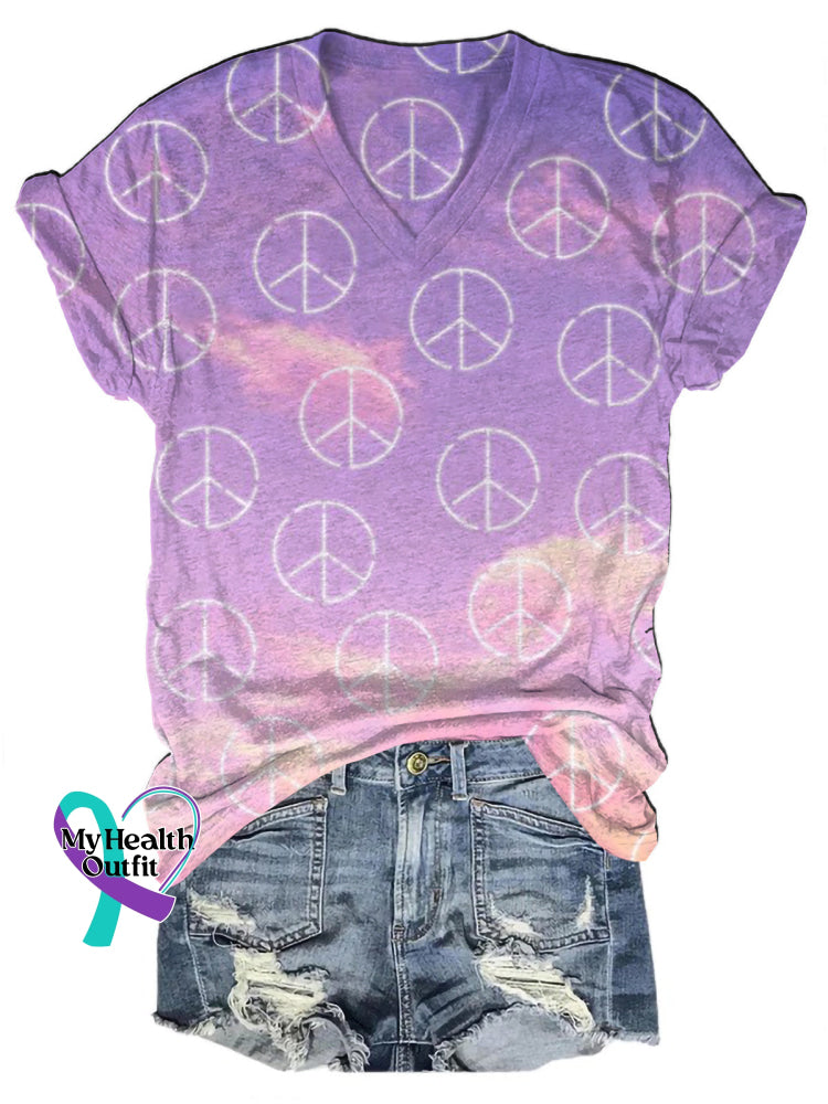 Peace Gradient Print Casual V-Neck Short Sleeve T-Shirt Multicolor / S