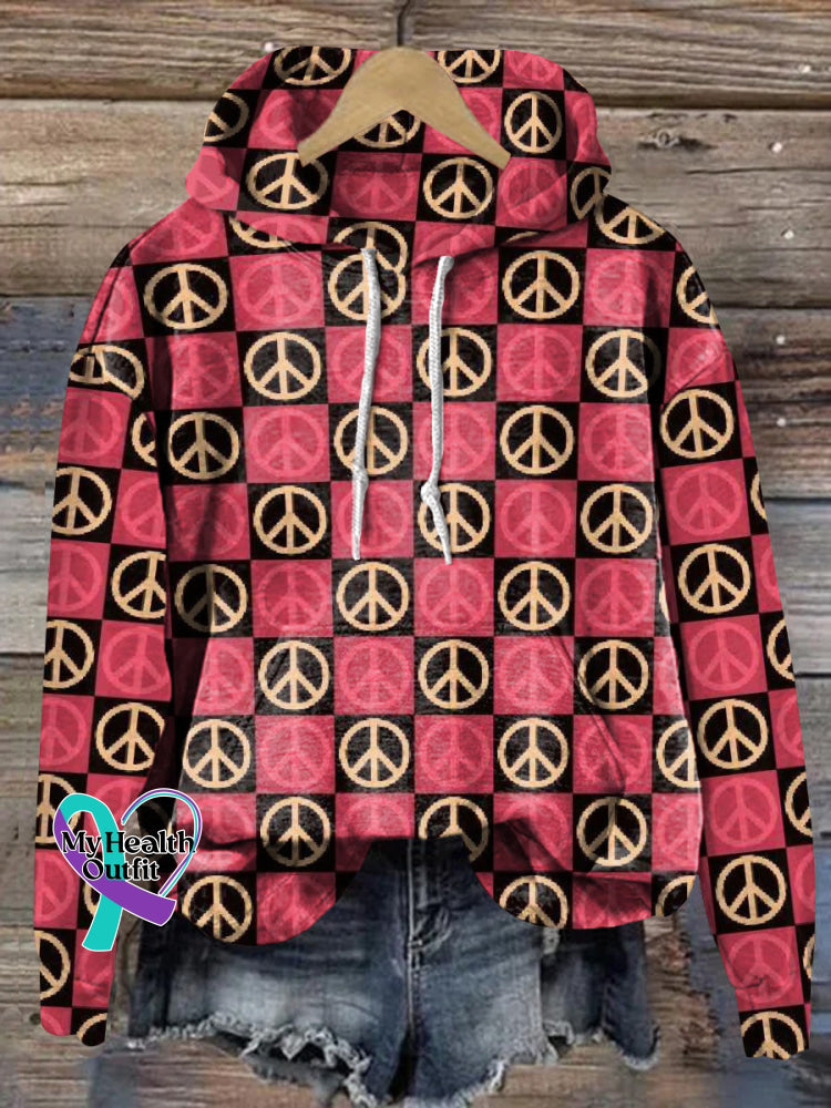 Peace Plaid Printed Casual Hoodie Multicolor / S