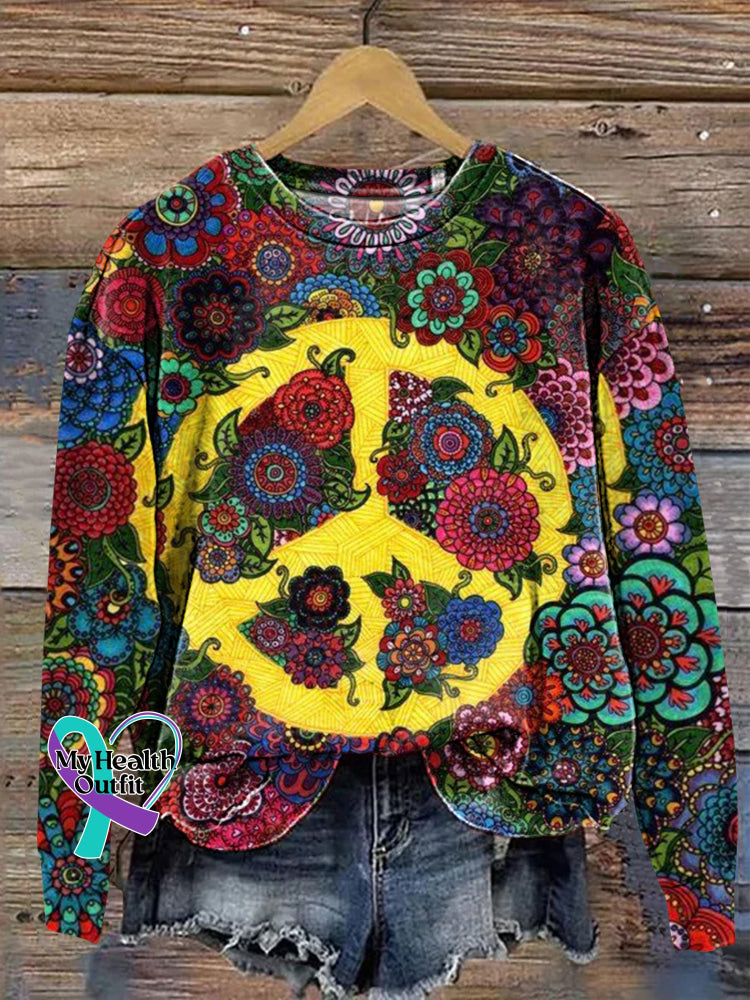 Peaceful Floral Print Casual Crew Neck Sweatshirt Multicolor / S