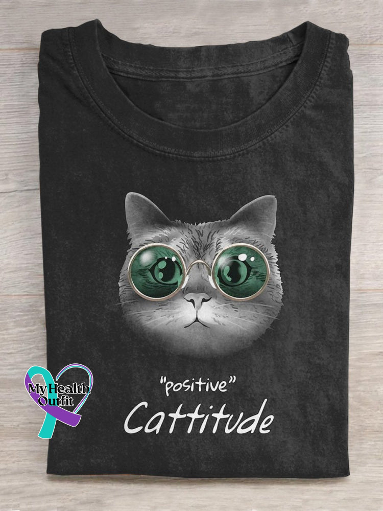 ’Positive Cattitude’ Funny Motivational Graphic Printed T-Shirt Black / S