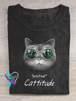 ’Positive Cattitude’ Funny Motivational Graphic Printed T-Shirt Black / S