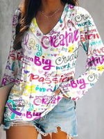 Positive Text Print Casual V-Neck Long Sleeve T-Shirt Multicolor / S