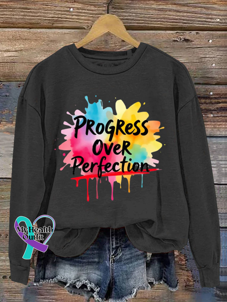 Progress Over Perfection Vintage Art V-Neck Print Casual Sweatshirt Black / S