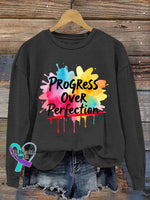 Progress Over Perfection Vintage Art V-Neck Print Casual Sweatshirt Black / S