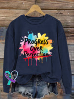Progress Over Perfection Vintage Art V-Neck Print Casual Sweatshirt Blue / S