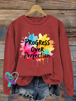 Progress Over Perfection Vintage Art V-Neck Print Casual Sweatshirt Red / S