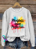 Progress Over Perfection Vintage Art V-Neck Print Casual Sweatshirt White / S