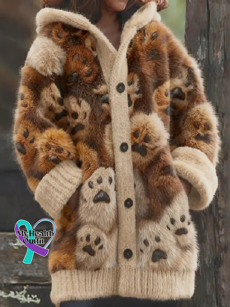 Puppy Footprints Cozy Knit Hooded Cardigan Black / S