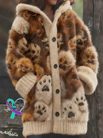 Puppy Footprints Cozy Knit Hooded Cardigan Black / S