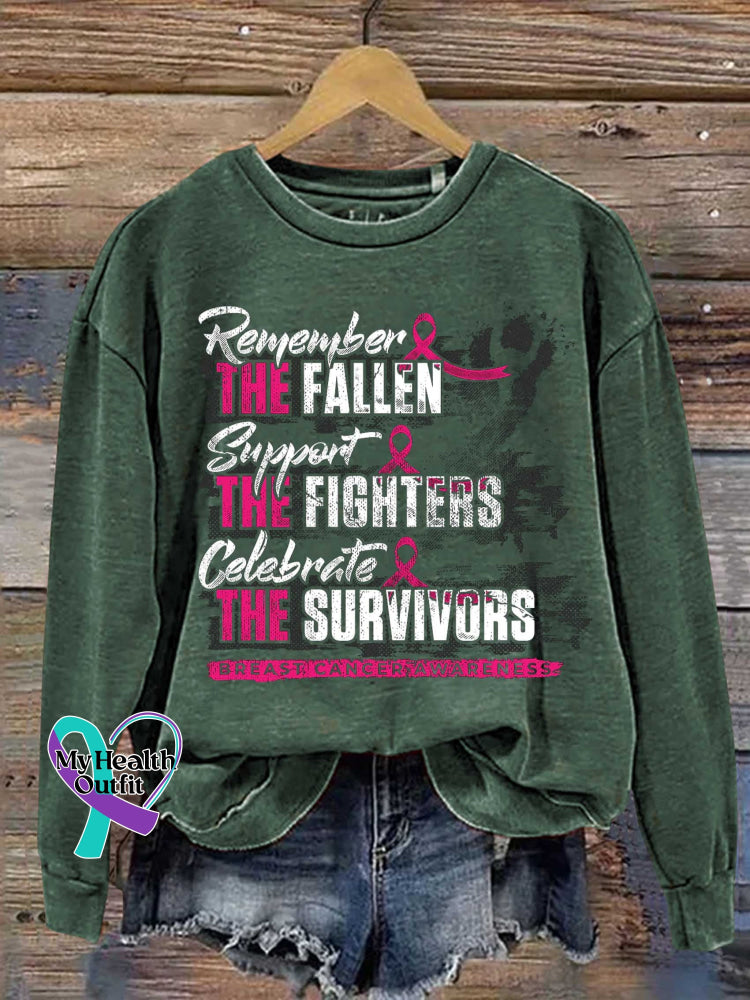 Remember THE FALLEN Support THE FIGHTERS Celebrate THE SURVIVORS Breast Cancer Awareness Print Casual Sweatshirt Green
