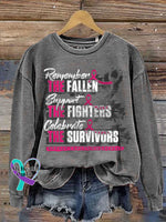 Remember THE FALLEN Support THE FIGHTERS Celebrate THE SURVIVORS Breast Cancer Awareness Print Casual Sweatshirt Grey
