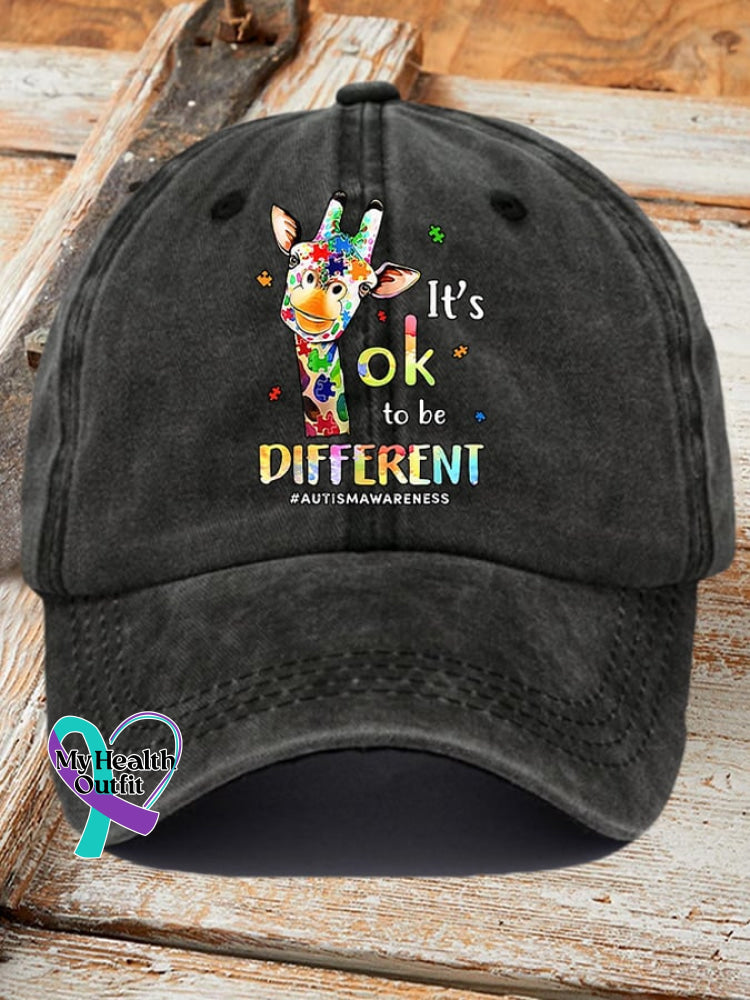 Retro Autism Awareness Giraffe It’s Ok To Be Different Print Baseball Cap Black / One-Size