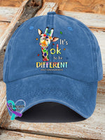 Retro Autism Awareness Giraffe It’s Ok To Be Different Print Baseball Cap Blue / One-Size