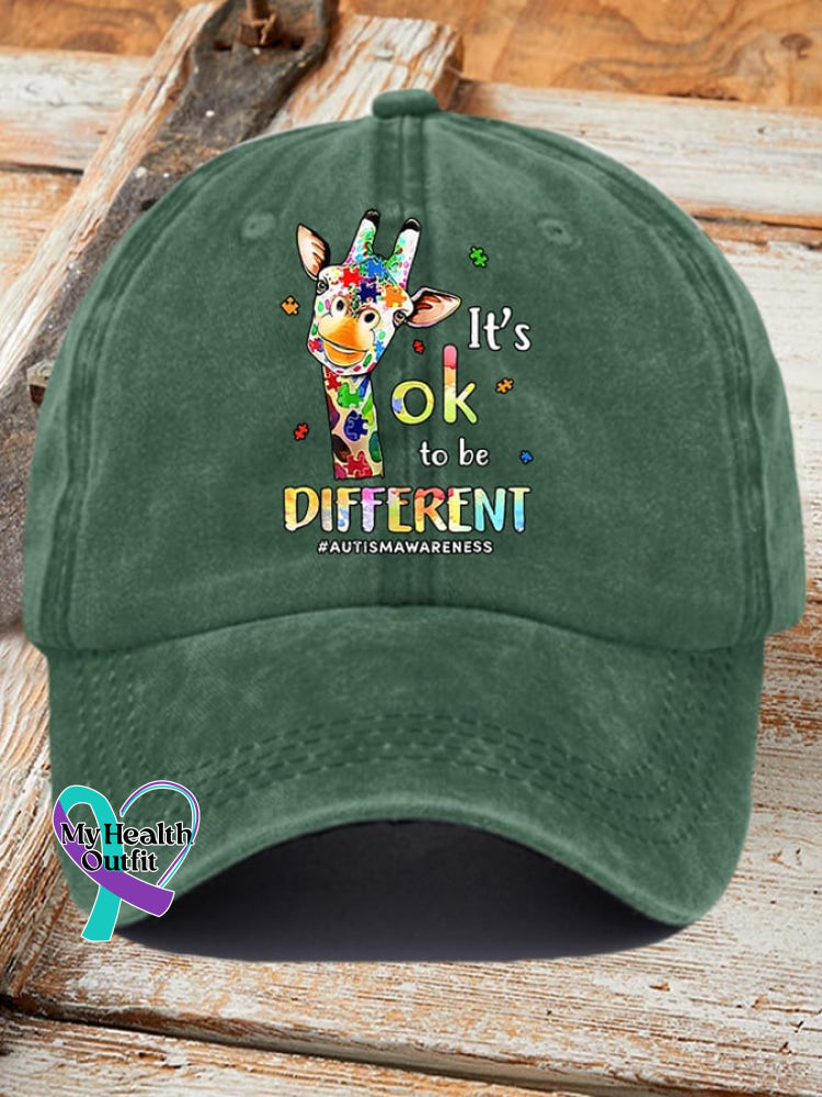 Retro Autism Awareness Giraffe It’s Ok To Be Different Print Baseball Cap Green / One-Size