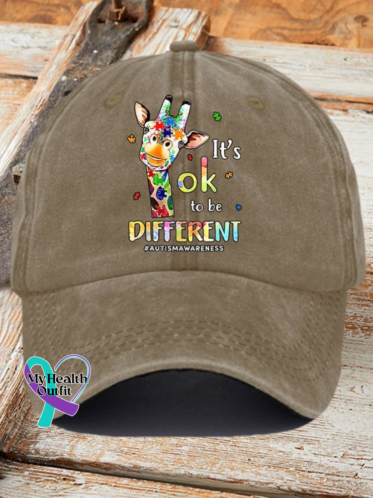 Retro Autism Awareness Giraffe It’s Ok To Be Different Print Baseball Cap Khaki / One-Size