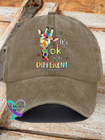 Retro Autism Awareness Giraffe It’s Ok To Be Different Print Baseball Cap Khaki / One-Size