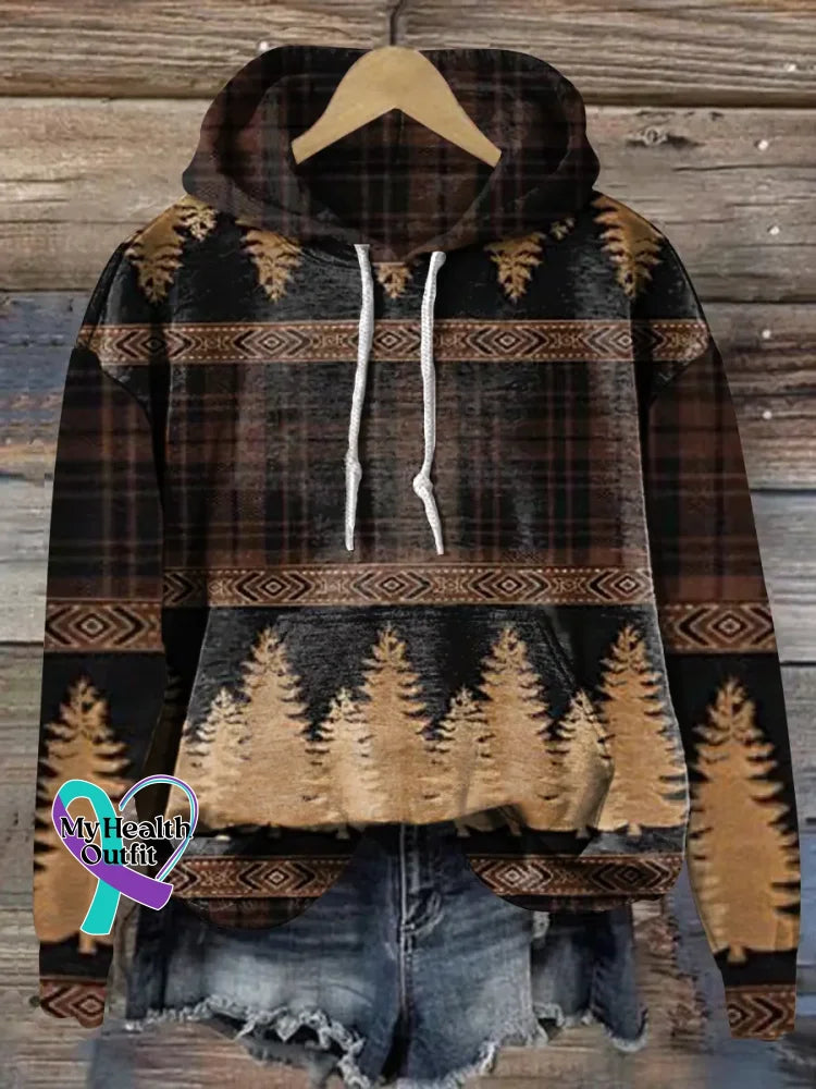Retro Christmas Tree Print Casual Hoodie Sweatshirt Multicolor / S