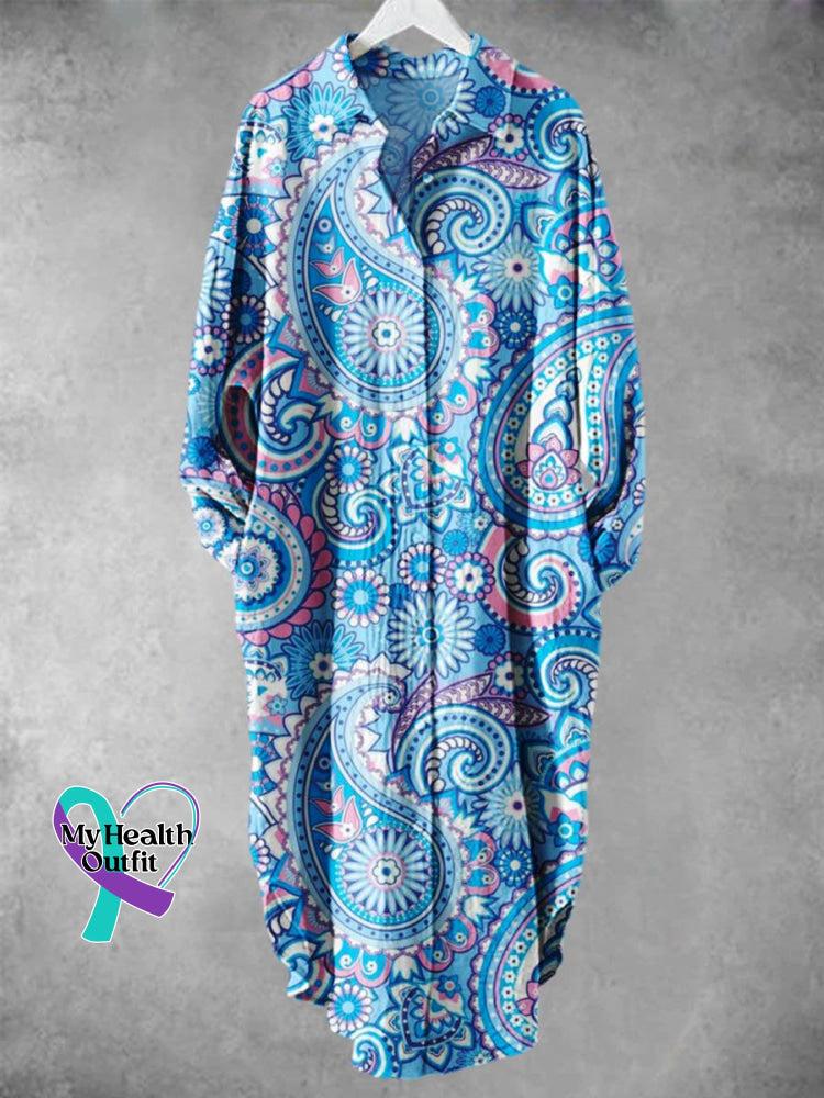 Retro Floral Pattern Art Print Long Skirt Blue / S