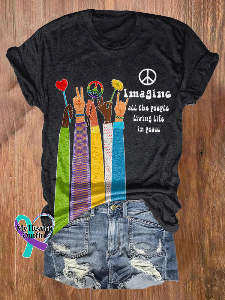 Retro Hippie Imagine All The People Living Life In Peace Print Shirt Black / S