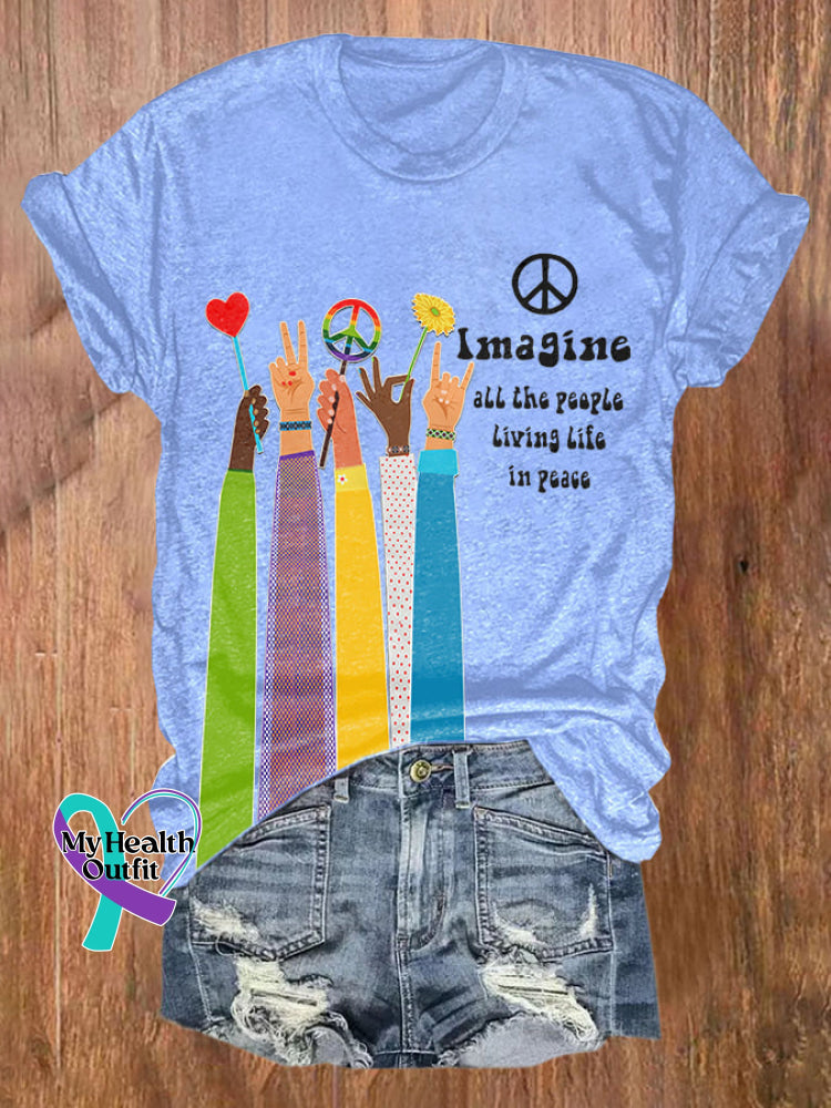Retro Hippie Imagine All The People Living Life In Peace Print Shirt Blue / S