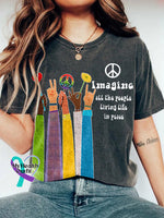 Retro Hippie Imagine All The People Living Life In Peace Print Shirt Dark Grey / S