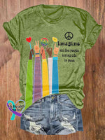 Retro Hippie Imagine All The People Living Life In Peace Print Shirt Green / S