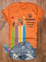 Retro Hippie Imagine All The People Living Life In Peace Print Shirt Orange / S