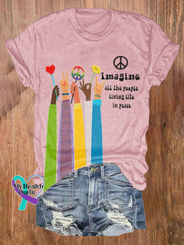 Retro Hippie Imagine All The People Living Life In Peace Print Shirt Pink / S