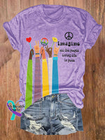 Retro Hippie Imagine All The People Living Life In Peace Print Shirt Purple / S