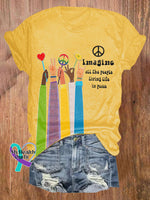 Retro Hippie Imagine All The People Living Life In Peace Print Shirt Yellow / S