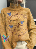 Retro Hippie Peace Sign Love And Print Knit Turtleneck Pullover Sweater Multicolor / S