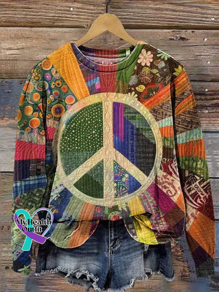 Retro Hippie Peace Sign Love And Collage Print Casual Sweatshirt Multicolor / S