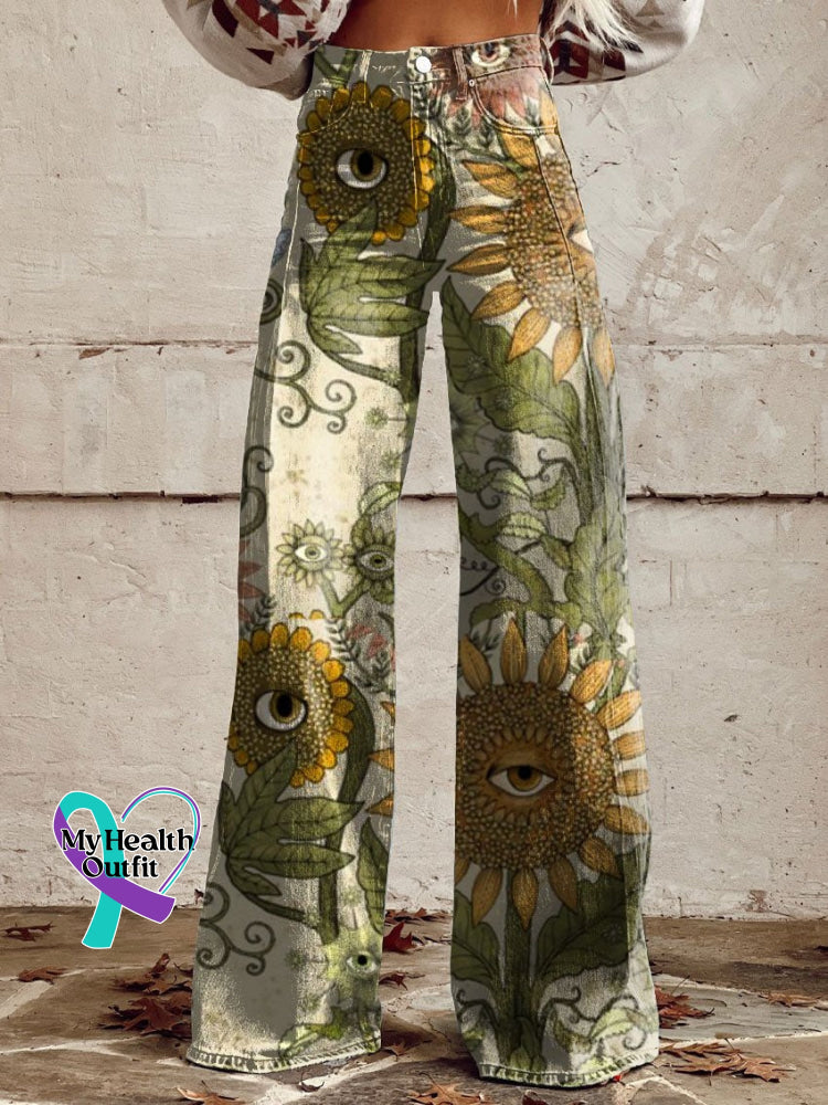 Retro Hippie Print Casual Wide Leg Pants Multicolor / Xs