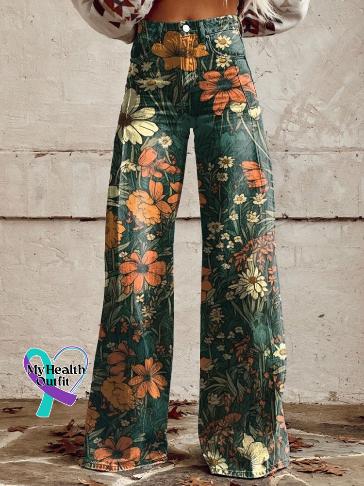 Retro Hippie Print Casual Wide Leg Pants Multicolor / Xs