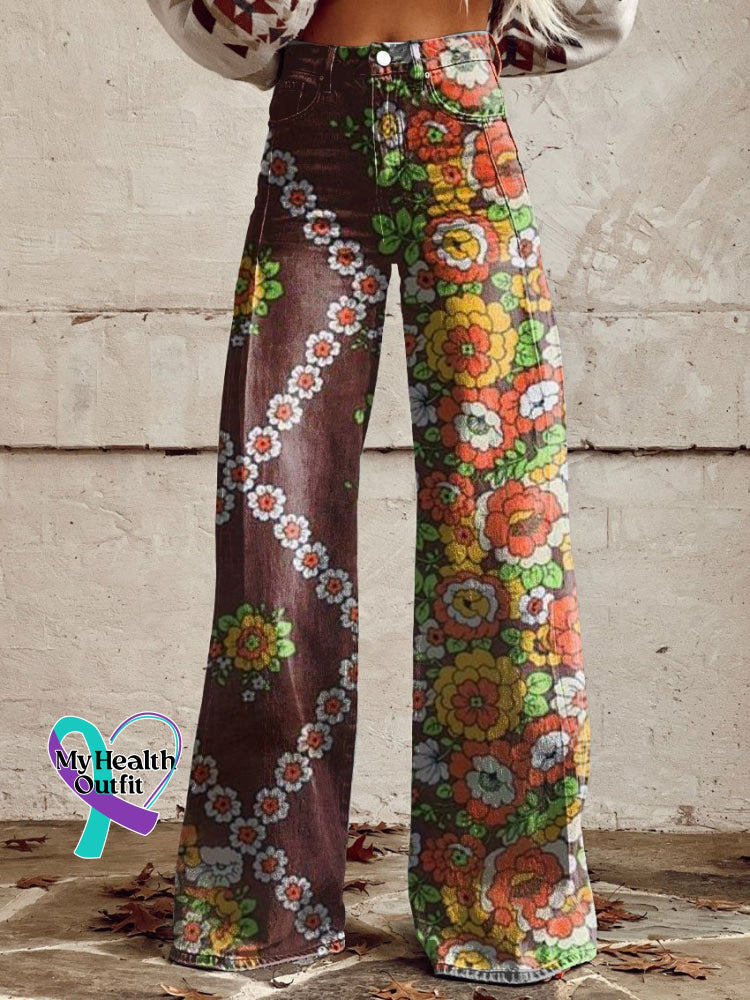 Retro Hippie Print Casual Wide Leg Pants Multicolor / Xs