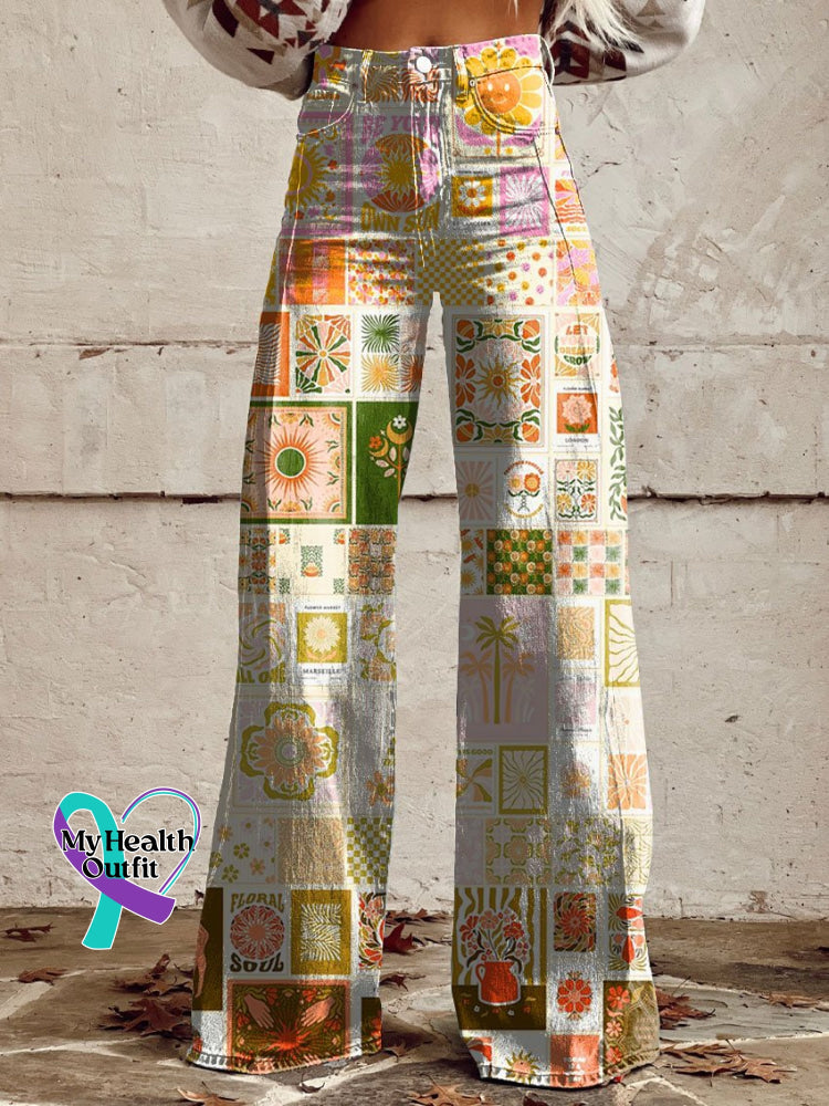 Retro Hippie Print Casual Wide Leg Pants Multicolor / Xs