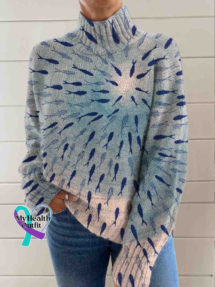 Sea Art Print Turtleneck Pullover Sweater Multicolor / S