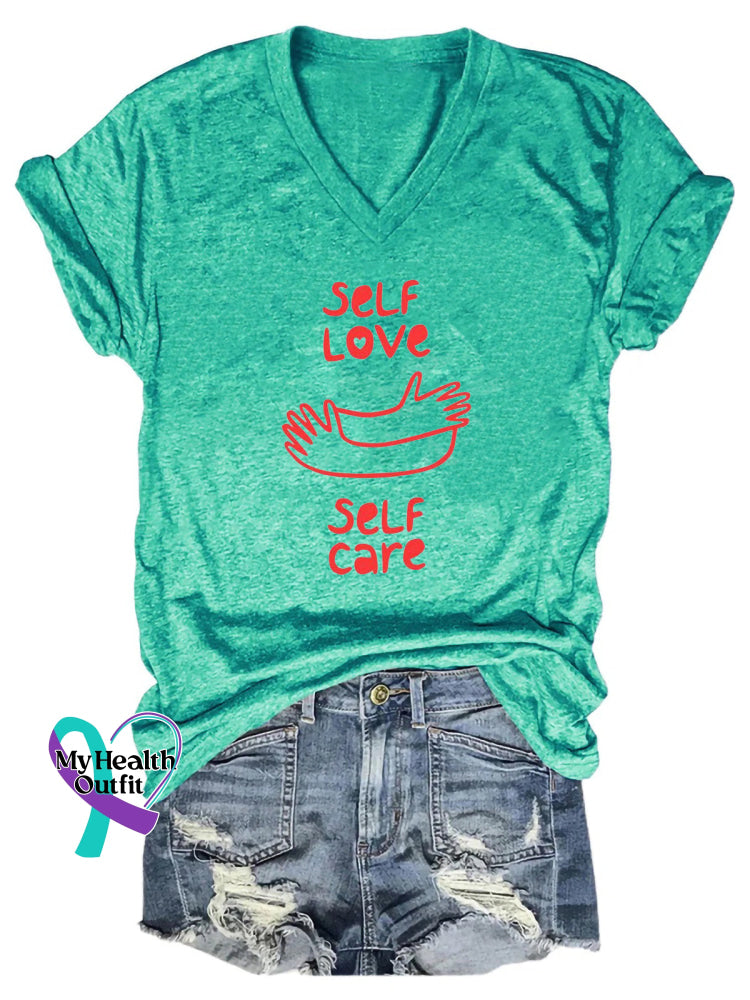 Self Care Printed Casual V-Neck Short Sleeve T-Shirt Cyan / S