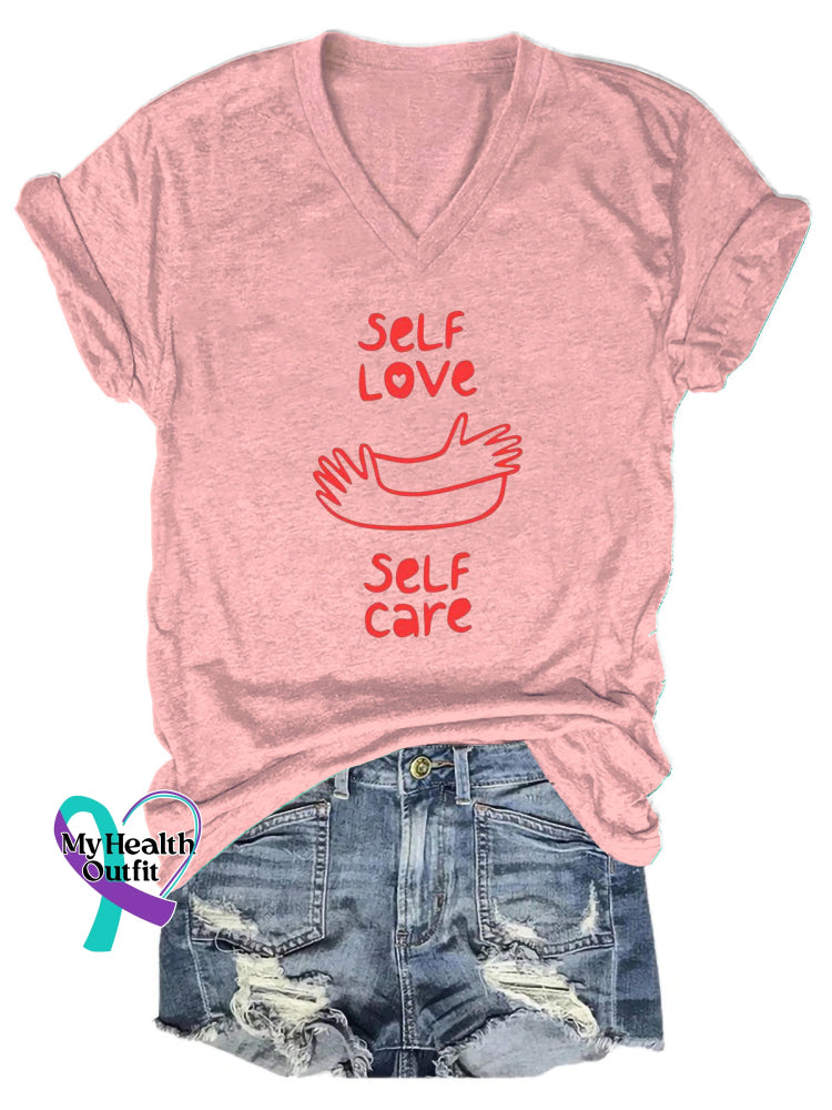Self Care Printed Casual V-Neck Short Sleeve T-Shirt Pink / S