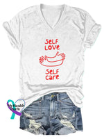 Self Care Printed Casual V-Neck Short Sleeve T-Shirt White / S